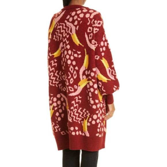 FARM Rio Cardigan L Toucanissimo Belted Longline Red Burgundy Cozy - Picture 3 of 13
